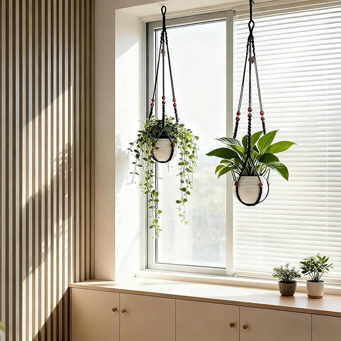 HOREAKHJ 35 Inch Macrame Plant Hanger, Large for up to 15 Inch Pot Extra Long Hanging Planter Holder Basket with Wood Beads for Indoor Outdoor Home Decor (Black, 1-Pack)