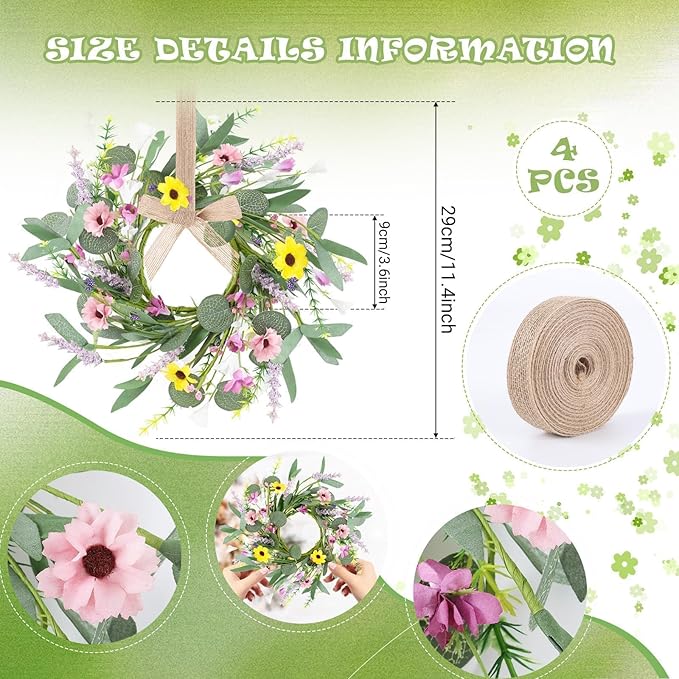 4 Pcs 9" Mini Spring Summer Flowered Wreath Floral Wedding Candle Rings Wreaths Kitchen Cabinet Wreaths with Ribbon for Pillars Wedding Table Centerpiece Farmhouse Party Home Door All Seasons Decor