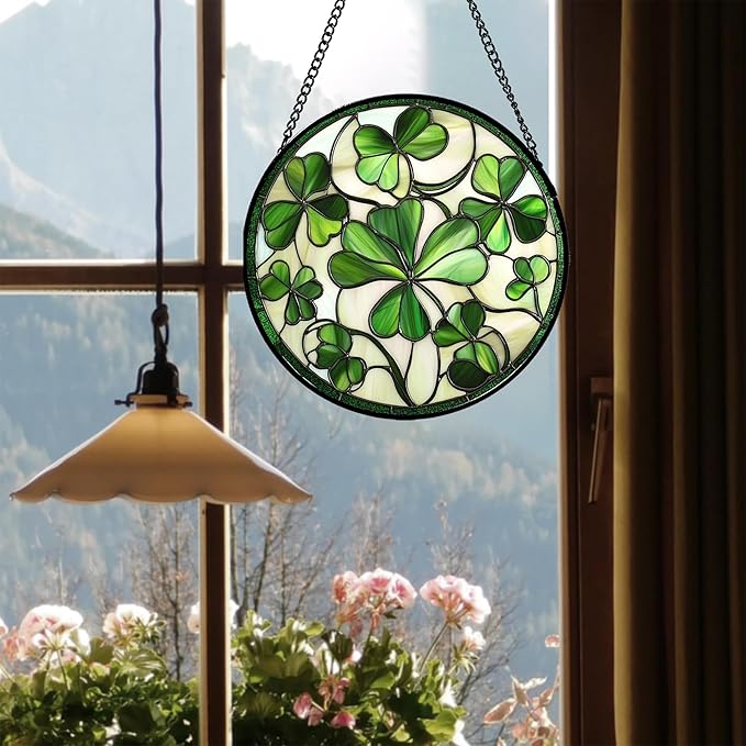 Stained Glass Window Hanging - Ireland Green Lucky Clover Suncatcher for Doors Garden St. Patrick's Day Sun Catchers Decor Mother's Day Birthday for Women Men Mom Nana 9.8 in