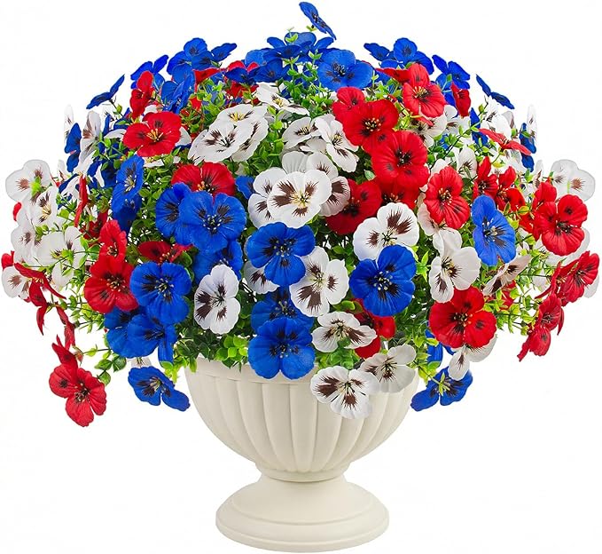 Artificial Fake Pansy Flowers for Outdoor, Faux Silk Pansies Spring Flowers for Outside for Planter Front Door Porch Yard Patio Window Box Home Decor (18, Red, White, Blue)