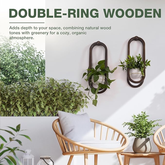 NEKL Wooden Wall Planters for Indoor with Ceramic Pot - Modern Hanging Plant Stand Shelf for Indoor Plants, Wall Mounted Plant Holder for Living Room, Bedroom, Wall Decor - Walnut Color (Set of 2)