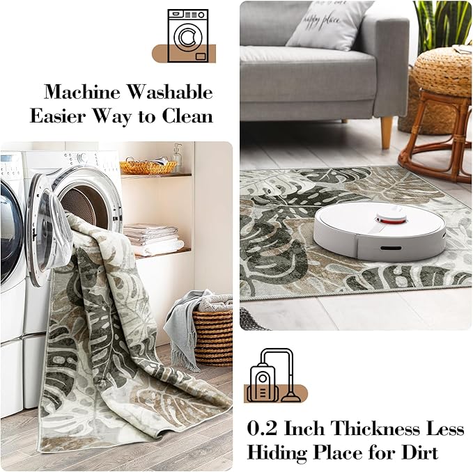 Wonnitar 2x6 Washable Runner Rug, Monstera Non-Slip Runner Rugs for Hallway Leaf Laundry Room Mat, Tropical Soft Low Pile Entryway Indoor Carpet for Kitchen Bathroom Decor, Khaki