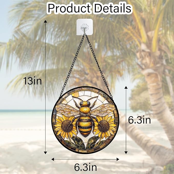 DASTOLL Stained Glass Window Hanging - Bee Sunflower Yellow Suncatcher Ready to Hang Window Doors Home Decoration and Christmas, Mother's Day Birthday Gifts for Women, Men, and Mom 6.3x6.3 in