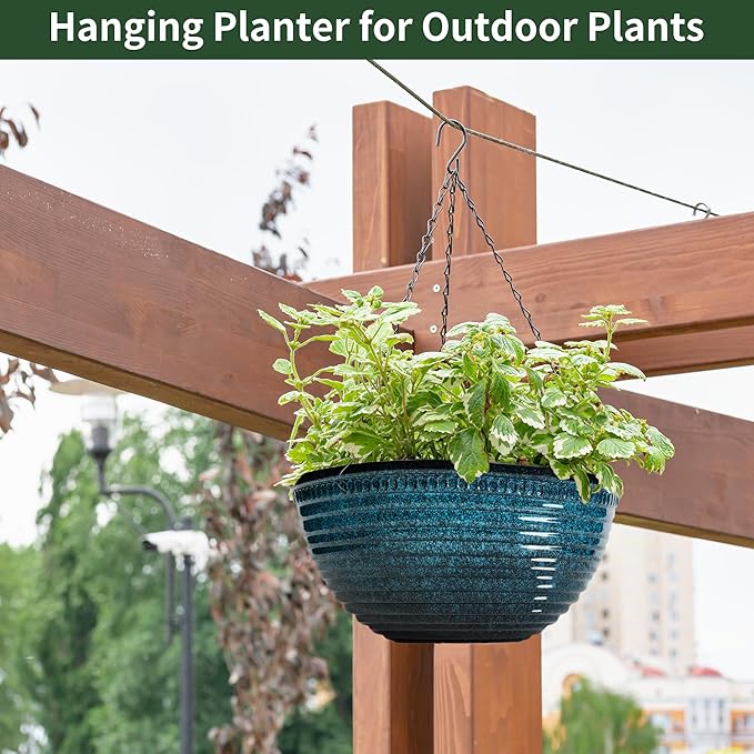 LESOASIS 12 inch Large Hanging Planters for Indoor Outdoor Plants, Set of 2 Glazed Hanging Flower Pots with Drainage Hole, Hanging Baskets for Garden Home Porch Decor