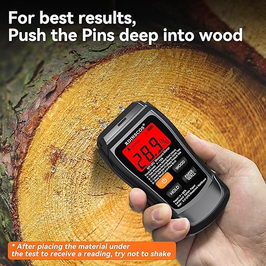 RDINSCOS Moisture Meter for Wood, Drywall, and Building Materials – Digital Moisture Detector with Fixed Pins, 4 Material Modes, LCD Display, for Home Inspection and Firewood Testing