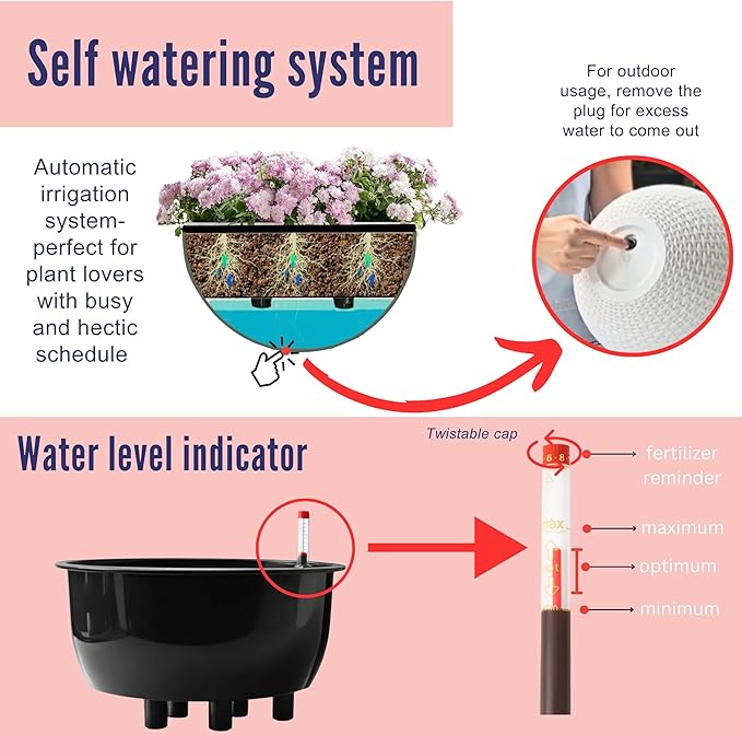 LaLaGreen Hanging Planters for Indoor Plants (11 Inch, 1 Pack) Brown Rattan Style Self-Watering Hanging Flower Pot with Water Level Indicator, Plastic Basket with Metal Chain for Balcony Porch Outdoor