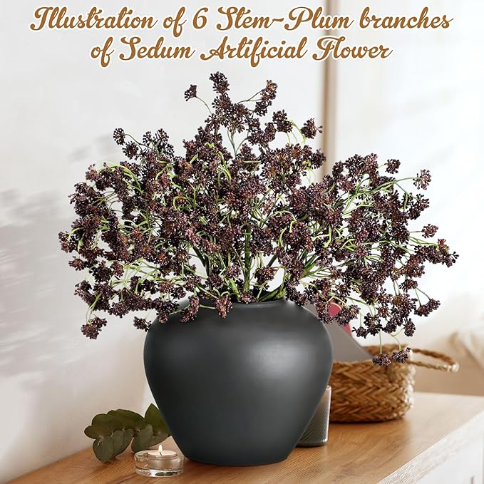 6 Pcs Plum Faux Berry Stems Artificial Dusty Sedum Berry Stems Picks Branches Faux Spray for DIY Holiday Farmhouse Home Mantel Harvest Decorations (16 Inch)