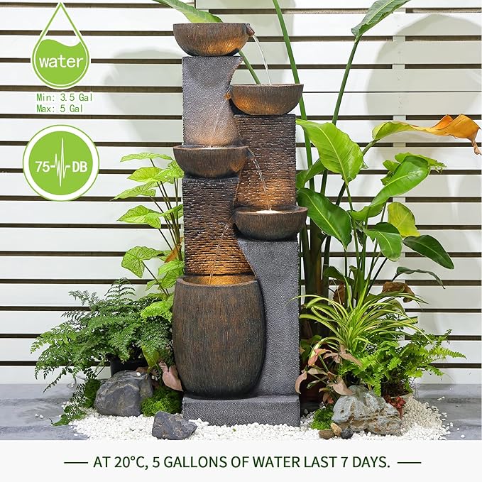 Outdoor Water Fountain - 51.4 Inches 5 Tired Modern Indoor Floor Standing Outdoors Fountains with Lights Pump for Garden Patio Backyard Porch Home Art Decor
