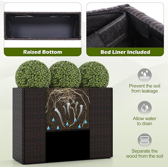 24" Tall Raised Garden Beds, 2 Pieces All-Weather PE Wicker Rattan Flowerpot with Removable Liner, Indoor Outdoor Modern Planter Rectangular Elevated Planter Box for Front Porch & Deck