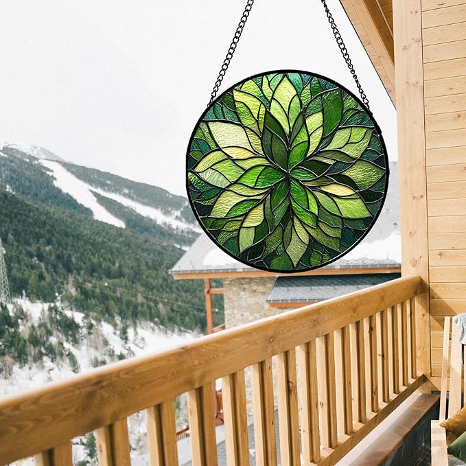 HWRHTR Stained Glass Window Hanging - Green Gradient Flowers Suncatcher for Doors Window Home Plant Sun Catchers Decor Christmas Mother's Day Birthday Gifts for Teacher Women Men Mom Nana 11.8 in