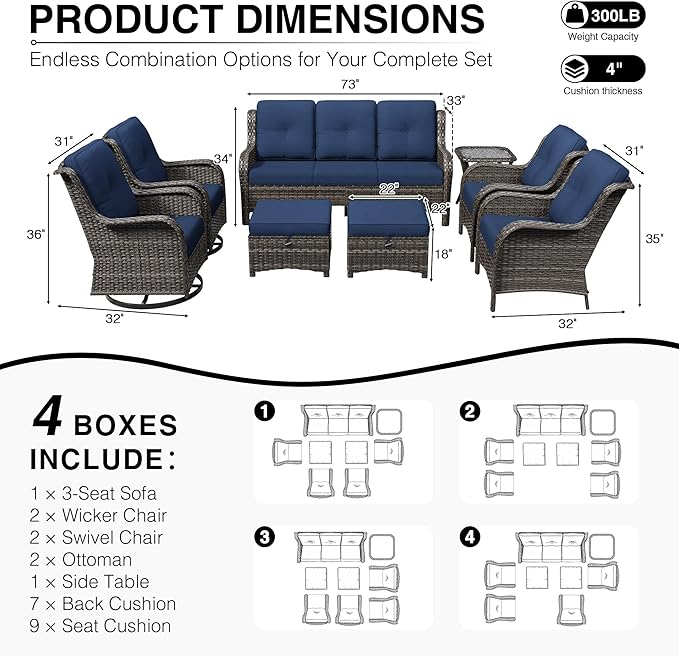 Joyside 8 Piece Wicker Patio Furniture Set, Outdoor Swivel Rocker Patio Chairs with High Back, Deep Seating, Wide Armrest, Thickened Cushions, Outdoor Furniture for Deck, Porch Use