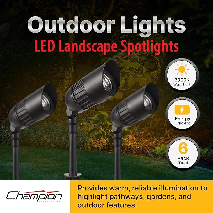 CHAMPION ELECTRONICS 6-Pack Outdoor Low Voltage Landscape Spotlights, 6×3W 200LM, 3000K Warm White, Dusk to Dawn, IP65 Waterproof Path Lights with Transformer, 60FT Cable & Ground Stakes