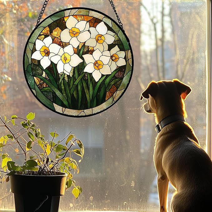 Stained Glass Window Hanging, White Lily Suncatcher for Door Garden Patio Birth Flower Green Plant Sun Catchers Decor Christmas Mother's Day Birthday Gifts for Women Mom Nana Friend 11.8 in