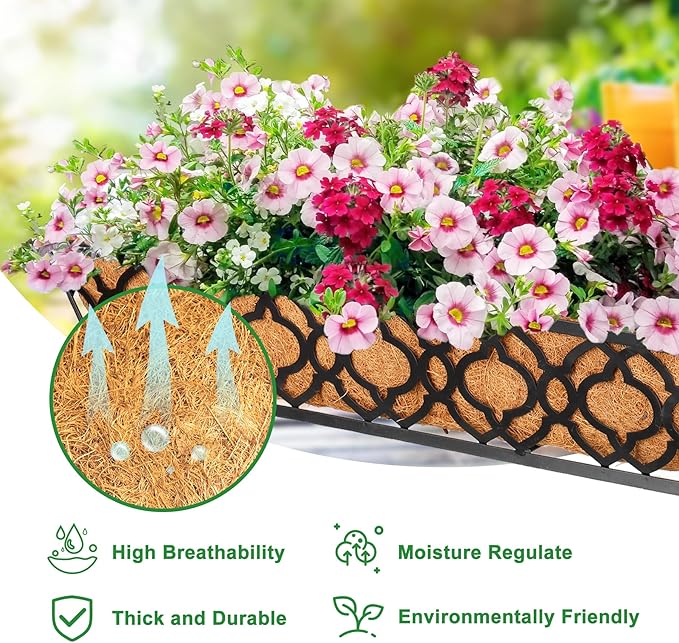 Y&M 24 Inch Window Deck with Coco Liner, Fence Metal Hanging Flower Planter Window Basket Deck Railing Planter Boxes for Outdoor Garden Lawn,6pcs