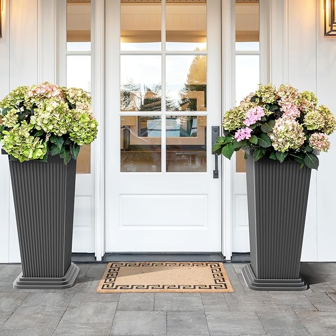 TUYOHW Set of 4 24" Tall Plastic Planters with Trays, Large Tapered Plant Pots for Indoor Outdoor Use, Modern Decorative Planters for Porch, Patio, Garden, and Backyard