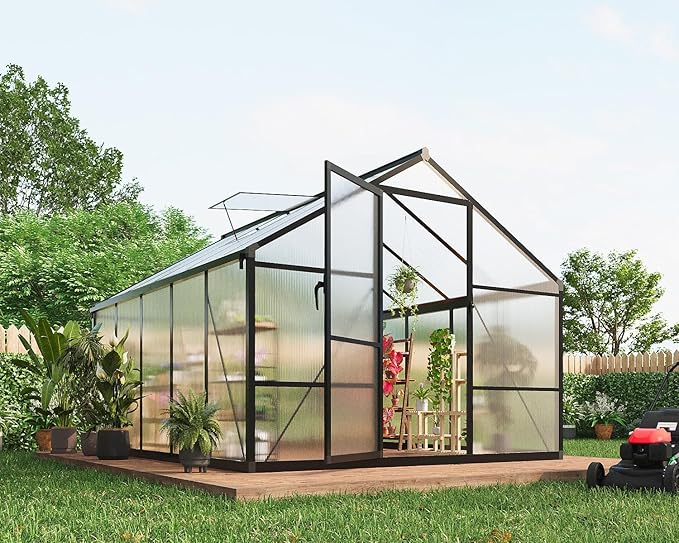 8X10 FT Greenhouse for Outdoors, Polycarbonate Greenhouse with Roof Vent, Ground Nails, Lockable Push Door, Aluminum Large Walk-in Green House for Outside Garden Backyard, Patio, Lawn, Black