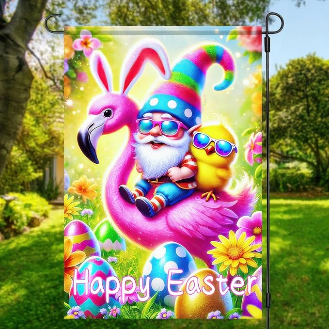 Happy Easter Garden Flag 12x18 Inch Double Sided Gnome Flamingo Chick Design with Easter Egg Small Outdoor Yard Flag Colorful Easter Banner for Porch Lawn Patio Spring Decor