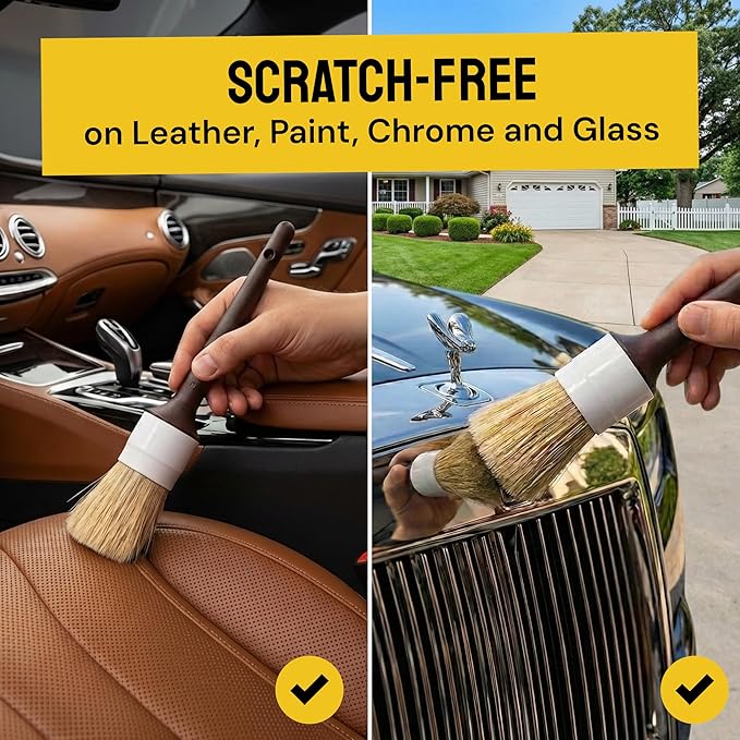 Soft Boar Hair Car Detailing Brush Set - 3-Pack, Brown - Car Detailing Kit for Versatile Uses - Soft Bristles Cleaning Brush - Water-Resistant Handles