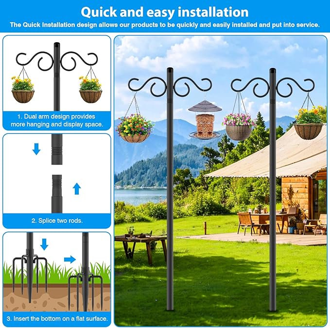 NUERPO Adjustable Shepherd Hooks for Outdoor,4 Pack 90 Inch 5 Prong Base Bird Two Sided Feeder Poles,Heavy Duty Shepherds Hook,Suitable for Garden in Hanging Flower Basket,Lantern,Bird Nests