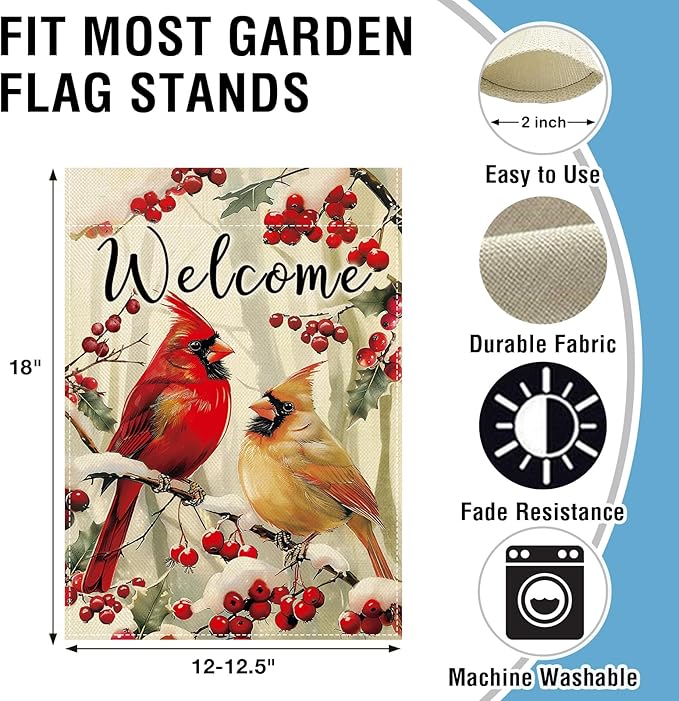 Artofy Welcome Winter Cardinal Small Decorative Garden Flag, Snowy Red Birds Holly Berry Branches Yard Lawn Outside Decor, Christmas Seasonal Burlap Outdoor Home Decoration Double Sided 12 x 18