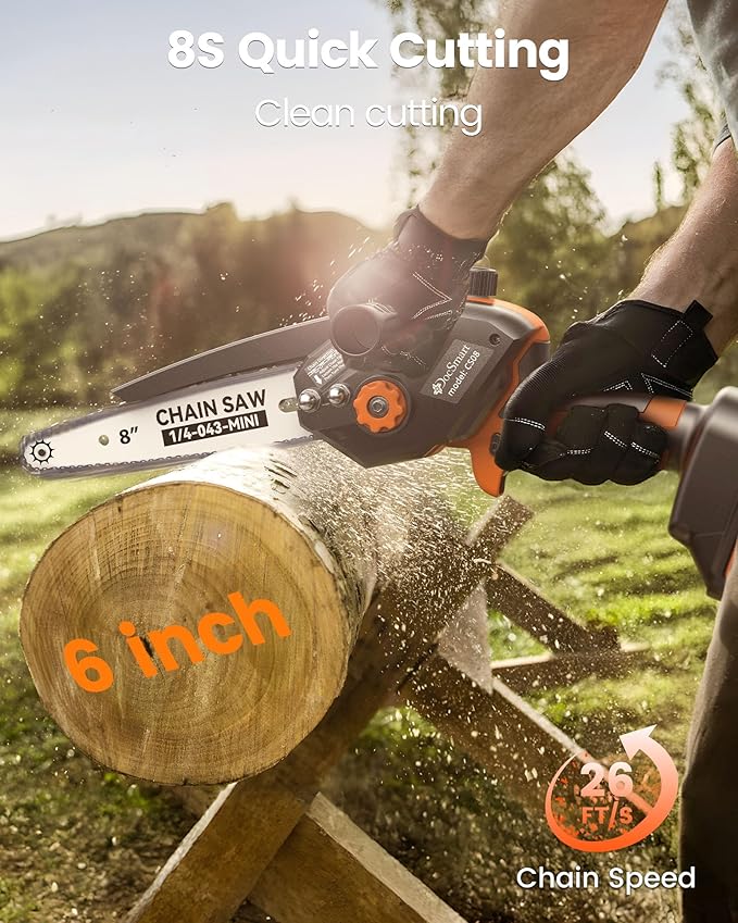 Mini Chainsaw Cordless, 8 inch & 6 inch Electric Chain Saw with 2pcs 4000mAh Batteries, Battery Powered Handheld Saw for Trees Trimming Wood Cutting, Ideal Gift for Men Dad Husband, Orange