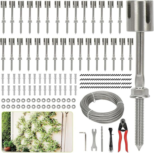 Wire Trellis for Climbing Plants Outdoor, 30-Set Wall Wire Trellis Kit with 1/8" x 150ft Stainless Steel Cable and Cutter, T316 Espalier System for Fence Garden DIY on Brick Concrete Wood Walls