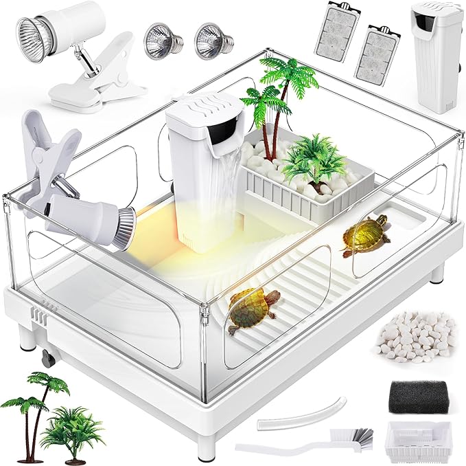 MoonOrange Small Turtle Tank Kit(Tank+Light+Filter), Acrylic Turtle Tank Starter Kit with Bask Platform, Bottom Drain, Multi-Function Area for Small Reptiles.(White)