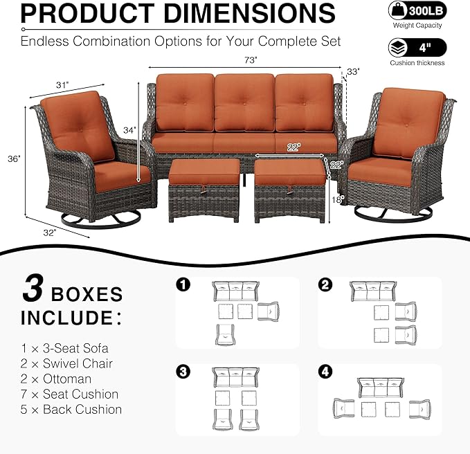 Joyside 5 Piece Wicker Patio Furniture Set, Outdoor Swivel Rocker Patio Chairs with High Back, Deep Seating, Wide Armrest, Thickened Cushions, Outdoor Furniture for Deck, Porch Use