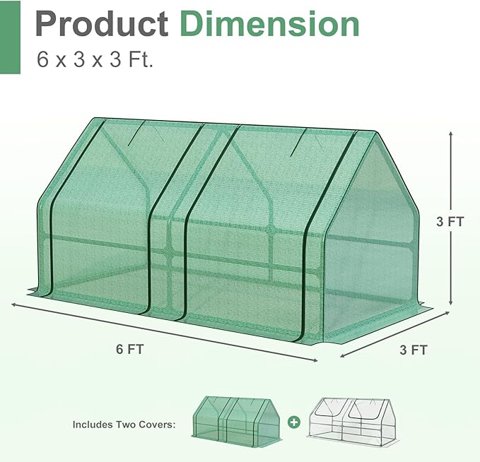 Aoodor 6 x 3 x 3 ft Mini Greenhouse with 2 Zipper Doors, Water-Resistant, UV-Protected for Flowers, Vegetables, and Herbs, Includes 2 Covers