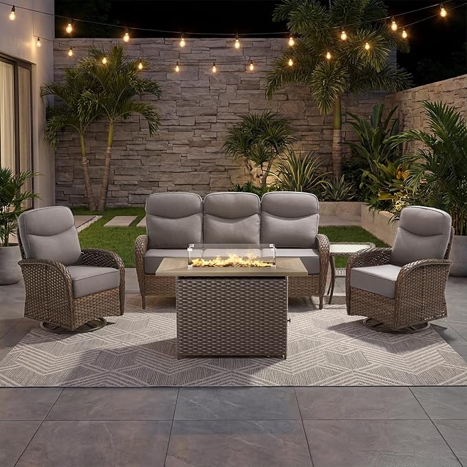 Luxury 6-Inch Cushion Patio Furniture Set with 41" Fire Pit Table, High Back Swivel Rocker Patio Chairs with Outdoor Couch, Outdoor Wicker Conversation for Deck Porch Garden Balcony Poolside