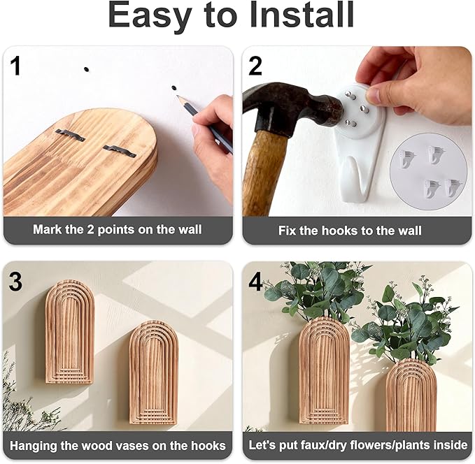 DREAMLOOM 2 Pack Wooden Wall Vases with Fake Plants, Wall Hanging Planters Boho Modern Farmhouse Indoor for Narrow Spaces Entryway Bathroom Home Office Decoration, Black