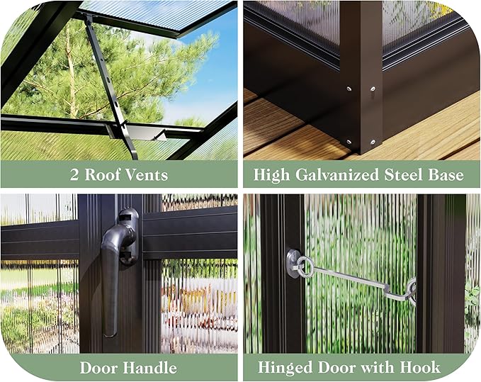 Jocisland 7.5x7.6x7.4 FT Outdoor Aluminum Polycarbonate Greenhouse with Ventilation and Rain Gutter, Double Swing Doors with Hook, Walk in Greenhouse for Outdoors, Backyard, Garden (Black)