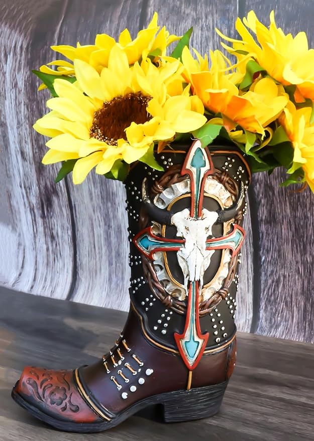 Ebros Gift Rustic Country Western Cow Skull Turquoise Cross and Barbed Wires Faux Tooled Leather Cowboy Boot Decorative Flower Vase Or Planter Figurine