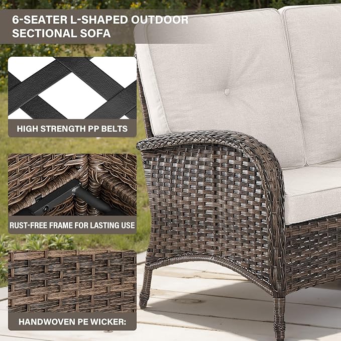 Belord 8 Pieces Patio Conversation Set with 43” Propane Fire Pit Table, Outdoor Sectional Furniture Sofa Set with Removable Beige Cushions for Patio Deck Backyard Brown