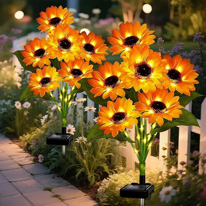 Solar Sunflower Lights Outdoor Garden Yard Decor Waterproof, 2 Pack with 12 Sunflowers Lights, Flowers Decorations Christmas Birthday Gifts for Mom Women Grandma