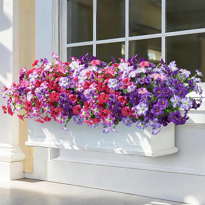 Artificial Flowers for Outdoors Decoration, 20 Bundles Purple Faux Morning Glory with Eucalyptus Look Real UV Resistant Fake Plants Silk Flowers for Outside Yard Gardens Porch Patio Planter Home Urn