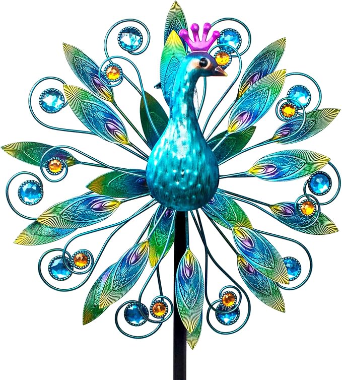 VEWOSTAR Outdoor Wind Spinner 58" Metal Peacock Wind Spinner Double Peacock Wind Sculpture for Garden Yard Patio Decoration