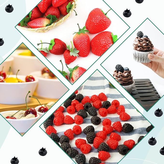 52 PCS Artificial Fake Fruit, Includes Fake Strawberries Fake Blueberries Fake Raspberries Fake Cherries, Reusable Waterproof Plastic Cake Dessert Party Home Kitchen Decoration, Photography Props