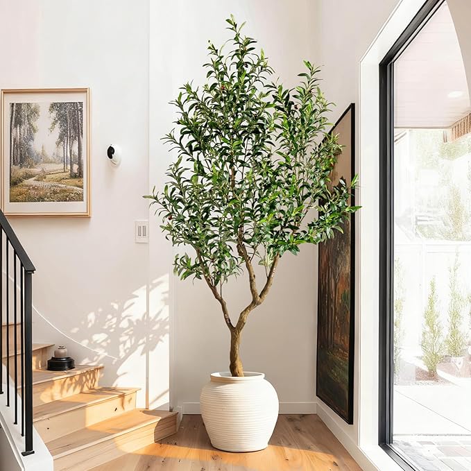 Erimda 7FT Faux Olive Tree with Tall Exquisite Planter Artificial Olive Tree Tall, Potted Fake Olive Plant with 1710 Real Touch Leaves, Indoor Outdoor Home Garden Office Decor