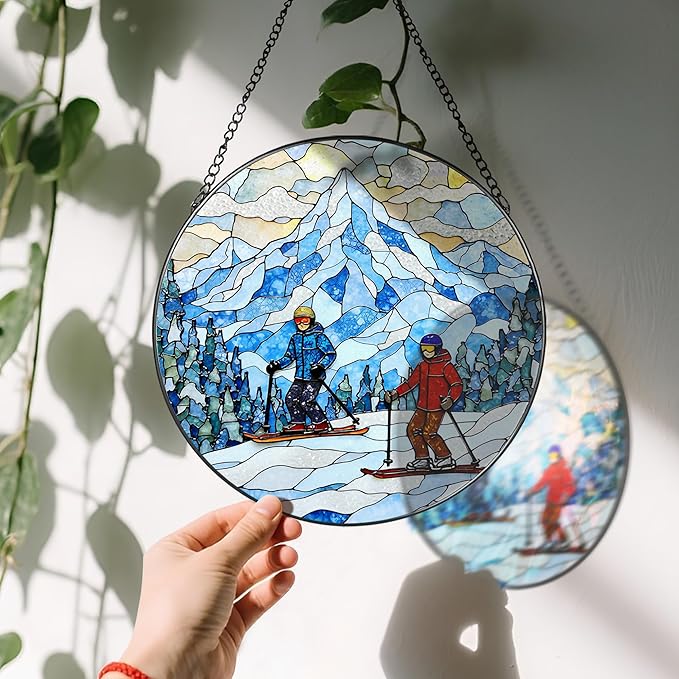 LAOWEIKI 8'' Snowy Mountain Skiers Sun Catcher Ornament, Stained Glass Window Hanging, Sun Catchers for Windows Hanging Ornaments, Window Decor | Ideal Gift, Gift Exchange, Gifts for Skiers