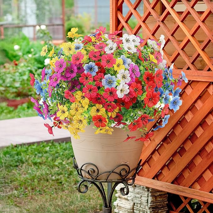Artificial Flowers Outdoors Faux Plants UV Resistant 6 Bundles Plastic Flowers Outdoors Fake Greenery Outside Silk Flowers Home Decorations for Garden Yard Porch Planters, 6 Bundles (Multicolor)