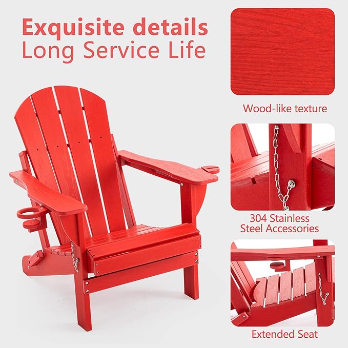 Folding Adirondack Chair Set with Side Table - HDPE Outdoor Patio Chairs, Weatherproof Chair with Reclining Back, Cup & Phone Holder, and 2-Tier Storage End Table for Firepit or Garden (Red)