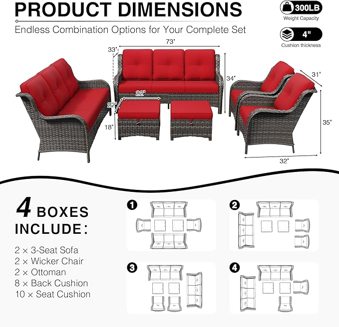 Joyside 6 Piece Wicker Patio Furniture Set, Rattan Patio Chairs with High Back, Deep Seating, Wide Armrest, Thickened Cushions, Outdoor Furniture for Deck, Porch Use