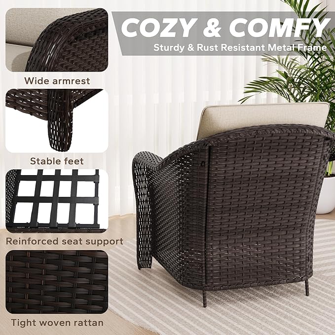 5 Pieces Outdoor Patio Rattan Conversation Furniture Set with Cushions, 78" 3-Seat Wicker Sofa, 55" 2-Seat Couch, 2 Armchairs, Metal Coffee Table for Garden (Beige)