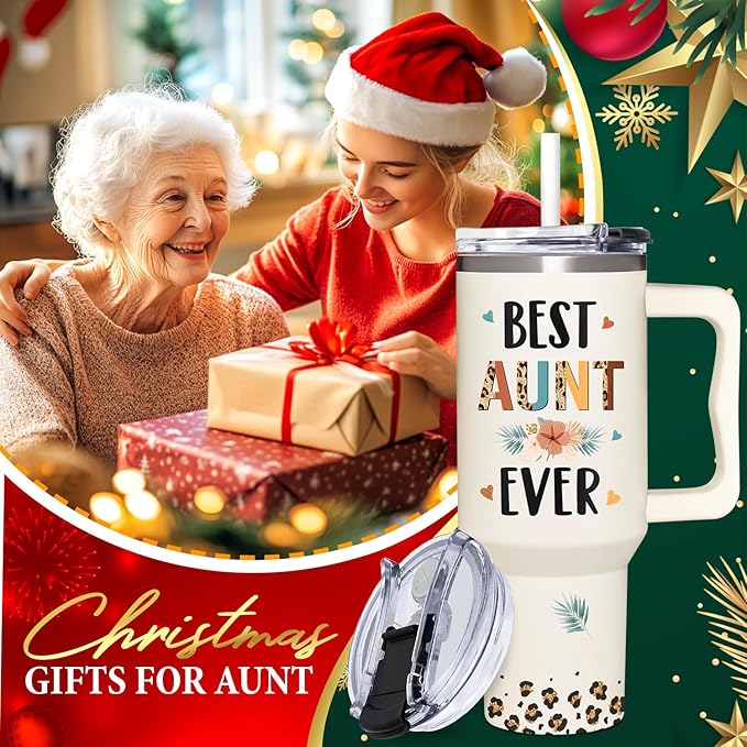 AT2Z GLOBAL Mothers Day, Christmas, Birthday, Gift for Auntie, Aunts - Gifts for Aunt, Auntie - Aunt Gifts from Niece, Nephew - Gift for New Aunts - 40oz Tumbler With Handle & Straw