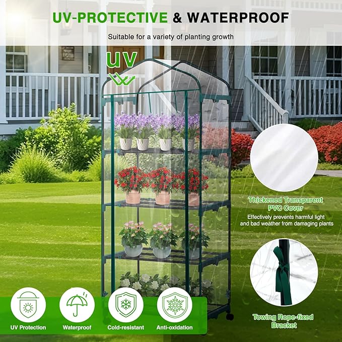 Yesker Mini Greenhouse 27"x20"x63" Portable Indoor /Outdoor Small Green House with 4 Tier 4 Shelves Wheels Transparent PVC Cover Compact Greenhouse Kit for Winter Gardening Balcony Patio Backyard