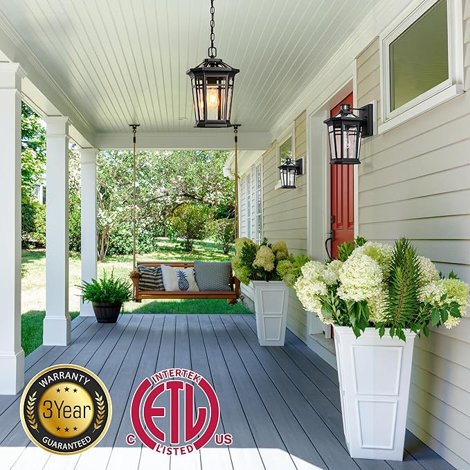 VIANIS Large Outdoor Pendant Light with Adjustable Chain, Black Hanging Lights with Gold Trim, Aluminum Outdoor Chandelier for Porch with Tempered Glass, Hanging Lighting for House, Doorway, Entryway