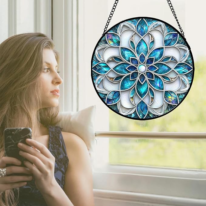 JOSUMALY Stained Glass Window Hanging - Blue White Abstract Flowers Suncatcher for Door Terrace Garden Home Decor Boho Sun Catcher Birthday Gifts for Lovers Women Men Dad Mom Nana 6.3 in