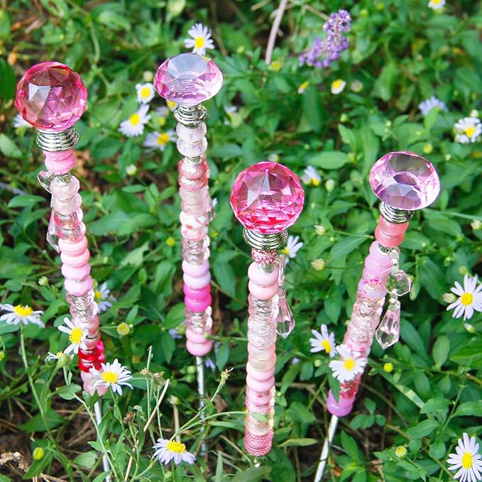 Exway 100 PCS DIY Fairy Wand Beaded Garden Stake Beads Kits with Pink Large Hole Beads 4 Crystal Stopper Top Threaded Rods and 4 pink Sparkling Crystal Pendants for outdoor indoor Decor