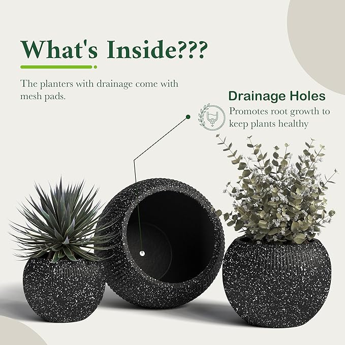 DTY Signature Mount Sherman 12.6''D x 9.8''H Modern Indoor Outdoor Fiberstone Sphere Planter, Durable Round Garden Pot, Weather Resistant, Drainage Hole & Rubber Plug (Ribbed Black, Small)